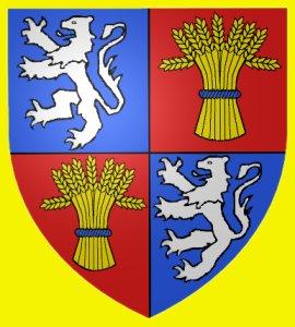 Armorial de Gascogne : cartel, en 1 et 4 d'azur au lion d'argent et en 2 et 3 de gueules  la gerbe de bl d'or lie d'azur